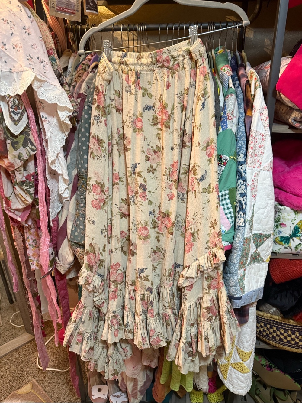 Boho Ruffled Asymmetrical Maxi Skirt - Cream Floral - Picture 2 of 6